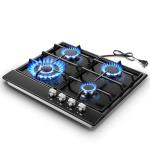Gas Stove Top 24 inch Eascookchef, 24 inch Gas Cooktop 4 Burner, Gas Stove Top NG/LPG Convertible, Black Tempered Glass Propane Cooktop with Thermocouple Protection, Bulit-in Gas Hob