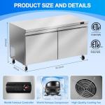 Rockitch 60" W Commercial Undercounter Freezer, 14.1 Cu.ft 2 Door Worktop Under Counter Freezer, Stainless Steel Commercial Kitchen Freezing Equipment for Restaurant, Bar, Shop, etc.