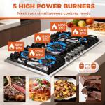 TOPWISH 36 Inch Gas Cooktop, 5 Burners Gas Stove Top, NG/LPG Convertible 304 Stainless Steel Built-in Propane Stovetop, Natural Hob with Thermocouple Flame Out Protection for Rvs Kitchen Apartments