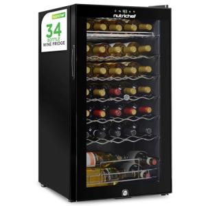 NutriChef PKCWC340 Wine Fridge, 34 Bottle Single Zone Beverage Chiller, 93.5L Capacity, 33x19x17 IN, Black