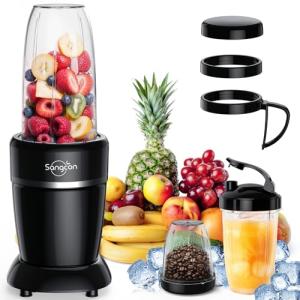 Sangcon 1000W Smoothie Blender for Kitchen, Blenders for Smoothies with (3) Cups (2) Spout Covers (1) Storage Cap (1) To-Go Cap, Portable Blender for Shakes, Ice Crushing, Frozen Drinks, Spices