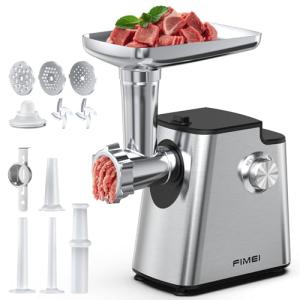 FIMEI Meat Grinder, Stainless Steel Food Processor & Sausage Stuffer, 4-in-1 Heavy Duty Meat Mincer with 2 Blades, 3 Plates, Kibbe Kit And Cookie Maker, for Home Kitchen & Ground Beef