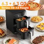 Dual Basket Air Fryer, 12.6QT Family-Size for 10–12 People, XL Basket for 6LB Whole Chicken, DoubleStack Compact Design, 10-in-1 Functions with Reheat, Dehydrate & SyncFinish, Dishwasher-Safe, Black