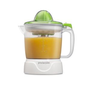 Proctor Silex Electric Citrus Juicer Machine, Large 34 oz. Pitcher, Pressure Activated, 2 Reamers for Big and Small Fruit, Pulp Control, for Orange, Lemon, Grapefruit Juice, White & Green (66340)