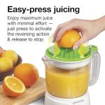 Proctor Silex Electric Citrus Juicer Machine, Large 34 oz. Pitcher, Pressure Activated, 2 Reamers for Big and Small Fruit, Pulp Control, for Orange, Lemon, Grapefruit Juice, White & Green (66340)