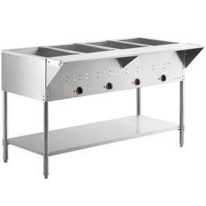 STE-4SA Four Pan Electric Steam Table, 120V 2000W, Stainless Steel, 57x30x34 Inches, Open Well with Undershelf, Commercial Food Warmer