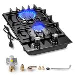 SENGMATE 12 Inch Gas Cooktop, 2 Burner Gas Stove Top, Built-In or Countertop Installation, Black Tempered Glass, NG/LPG Convertible, Flame Out Protection, Ideal for RVs, Apartments & Cabins