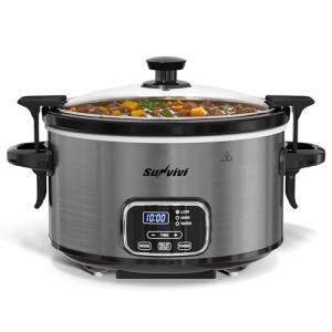 Sunvivi 4QT Slow Cooker, Programmable Pot with Locking Lid, Removable Ceramic Pot, 3 Heating Settings & Time Control,Dishwasher-safe Lid, Grey