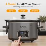 Sunvivi 4QT Slow Cooker, Programmable Pot with Locking Lid, Removable Ceramic Pot, 3 Heating Settings & Time Control,Dishwasher-safe Lid, Grey
