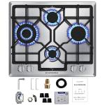 24 inch Gas Cooktop, Bulit-in Gas Stove Top with 4 Burner, NG/LPG Convertible Cooktops, Dual Burner Propane Cooktop with Thermocouple Protection, Stainless Steel