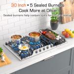 KOXKING 30 Inch Gas Cooktop with Griddle, 5 Burner Stainless Steel Built-In Drop-In, NG/LPG Convertible, Thermocouple Flame Failure Protection, Metal Knobs