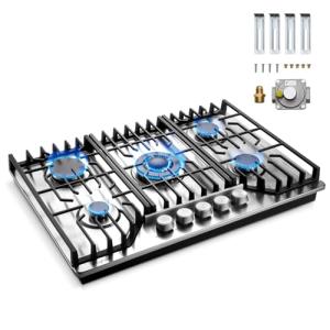 Hibghse Gas Cooktop 30 inch with 5 Sealed Burners, Built-in Gas Stove Top Stainless Steel Propane Cooktop with Thermocouple Protection, NG/LPG Convertible