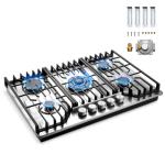 Hibghse Gas Cooktop 30 inch with 5 Sealed Burners, Built-in Gas Stove Top Stainless Steel Propane Cooktop with Thermocouple Protection, NG/LPG Convertible