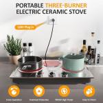 Sunvivi 1800W Triple Burner Portable Electric Ceramic Stove – Knob Control, Indicator Light, Compatible with All Cookware, Ideal for Multiple Cooking Scenarios, Silver