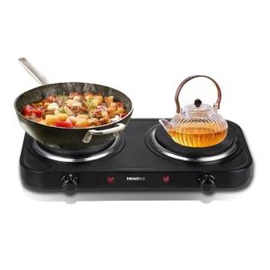 MIOAOTCE Countertop Double Cast Iron Burner 1800 Watts Electric Hot Plate with Adjustable Temperature 6.1" Cooktop for Dorm, Office, Home, Camp, Compatible for All Cookwares