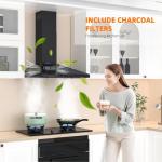 FIREGAS Black Range Hood 30 inch, 450 CFM Wall Mount Range Hood with Ducted/Ductless Convertible, Gesture Sensing Control & Touch Control Kitchen Hood Vent, Baffle Filters, Charcoal Filters