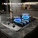 12 Inch Gas Cooktop, 2 Burners Gas Stovetop Built-in Stainless Steel Gas Stove Top Natural Gas/Propane Convertible Gas Cooker for Outdoor, Apartments, RVs