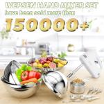 WEPSEN Hand Mixer Electric Mixing Bowls Set, 5 Speeds Handheld Mixer with 4 Nesting Stainless Steel Mixing Bowl, Measuring Cups Spoons 200W Kitchen Blender Whisk Beater Baking Supplies For Beginner