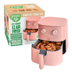 GreenLife 4.5QT Air Fryer, Mechanical Dial Controls, PFAS-Free Ceramic Nonstick Drawer, Adjustable Temp & Timer, LED Indicator, Oil-Less Cooking, Dishwasher Safe, Compact Family Size, Pink