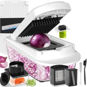 12 Blade All-in-1 Vegetable Chopper Mandoline Slicer with Container, Spiralizer with Contianers, Food Chopper, Onion Chopper, Veggie Cutter for Salad, Kitchen Gadgets Accessories Essentials, White