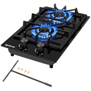 Ignivra Gas Cooktop 2 Burner,12000W Built-in Gas Stove, Black Crystal Tempered Glass Propane Cooktop, 20.08x12.2" Top Propane Stove Indoor LPG/NG Dual Fuel Hob for Apartment Kitchen RV