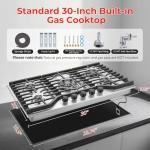 SNDOAS 30 Inch Gas Cooktop, 5 SABAF Burners 47400 BTU Built-in Gas Stove Top with 22000 BTU Triple Ring Wok Burner, Cast Iron Griddle, Stainless Steel Top, NG/LPG Convertible, Knob Control