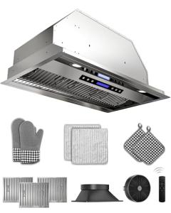 FlyPine 36 inch Stainless Steel Insert Range Hood - 900 CFM, Ultra-Quiet 4-Speed Vent, Touch/Remote Control, LED Lights, Ducted/Ductless Convertible