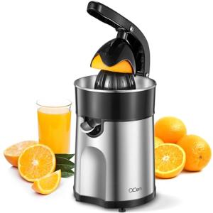 Professional Brushed Stainless Steel Electric Citrus Juicer, 2 Interchangeable Cones for Orange, Lemon & Grapefruit, Easy Clean, Durable Design & Effortless Operation