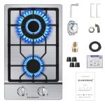 12 inch Gas Cooktop, Bulit-in Gas Stove Top with 2 Burner, NG/LPG Convertible Cooktops, Dual Burner Propane Cooktop with Thermocouple Protection, Stainless Steel