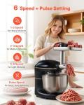 VEVOR 3-in-1 Multifunctional Stand Mixer, 6QT Stainless Steel Bowl, 660W 6+P Speeds Tilt-head Food Mixer with Dough Hook, Wire Whip, Flat Beater, Meat Grinder, Juice Blender, for Baking Mixing, Black