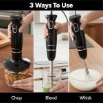 OVENTE Immersion Hand Blender Set, 300W Corded Electric Handheld Stick Mixer, 2 Mixing Speeds with Stainless Steel Blades, Egg Whisk, Beaker & BPA-Free Food Chopper, Black HS565B