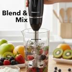 OVENTE Immersion Hand Blender Set, 300W Corded Electric Handheld Stick Mixer, 2 Mixing Speeds with Stainless Steel Blades, Egg Whisk, Beaker & BPA-Free Food Chopper, Black HS565B
