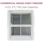 Frigidaire Commercial Chest Freezer for Ice Cream and Frozen Foods, Store Displayer, Glass Top Storage Case, 4 Cu. Ft. Bin, Rolling Caster Wheels, Adjustable Temperature, Energy Efficient Cooling