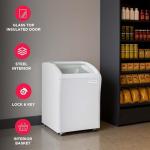 Frigidaire Commercial Chest Freezer for Ice Cream and Frozen Foods, Store Displayer, Glass Top Storage Case, 4 Cu. Ft. Bin, Rolling Caster Wheels, Adjustable Temperature, Energy Efficient Cooling