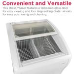 Frigidaire Commercial Chest Freezer for Ice Cream and Frozen Foods, Store Displayer, Glass Top Storage Case, 4 Cu. Ft. Bin, Rolling Caster Wheels, Adjustable Temperature, Energy Efficient Cooling