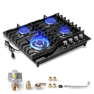 SENGMATE 24 Inch Gas Cooktop, 4 Burner Gas Stove Top, Built-In or Countertop Design, Black Tempered Glass, NG/LPG Convertible, Flame Failure Protection, Ideal for Home Kitchens, RVs & Compact Spaces