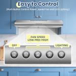 Zomagas 24 inch Range Hood Under Cabinet, Stainless Steel Range Hood 280CFM, Slim Kitchen Stove Hood w/Push Button, Ducted/Ductless Convertible, 3 Speeds Exhaust Fan, LED Light and Carbon Filter