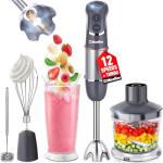 Mueller Multistick 5-in-1 Immersion Blender Handheld, 12 Speed Hand Mixer - Turbo Boost, Heaviest Duty Copper Motor, Titanium Blades Hand Blender, Milk Frother Wand, Whisk, Beaker, Chopper, Grey
