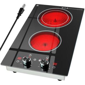 Zarbaco 2 Burner Electric Cooktop 120V, 1800W Radiant Electric Stove Top with Countertop & Built-in Design, 12 inch Knob Control Ceramic Cooktop with Safety Lock, 9 Level Power, 99 Min Timer - Plug in