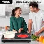 VBGK Electric Cooktop,2100W Built-in & Countertop 2 Burner Electric Cooktop,Electric Stove Top with10 Heating Level, Timer & Kid Safety Lock, LED Knob Touch Control Electric Burner with Plug