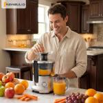 NEWBULIG Centrifugal Juicer, 600W Juicer Machine with Feed Chute & 17,000 RPM, 3-Speed Juice Extractor for Whole Fruits Vegetables, Easy to Clean, BPA-Free, Silver