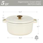 Overmont Enameled Cast Iron Dutch Oven - 5QT Pot with Lid Cookbook & Cotton Potholders - Heavy-Duty Cookware for Braising, Stews, Roasting, Bread Baking Cream white