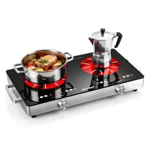 Cooksir 2 Burner Electric Cooktop - 24 Inch Portable Electric Stove Top 110V, 2000W Countertop Double Burner Ceramic Cooktop with LCD Control Panel, Child Lock, Timer, Knob Control with Outlet Plug