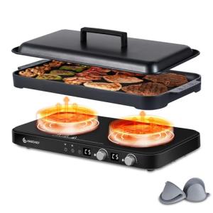 AMZCHEF Double Induction Cooktop with Removable Griddle Pan Non-stick, 1800W 2 burner Portable Induction Stove With Sensor Touch 9 Power Levels, 99 Min Timer, Black