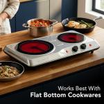 OVENTE Countertop Infrared Double Burner, 1700W Electric Hot Plate and Portable Stove with 7.75" and 6.75" Ceramic Glass Cooktop, 5 Level Temperature Setting and Easy to Clean Base, Silver BGI102S
