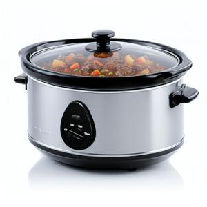 OVENTE Electric Slow Cooker with 3 Cooking Settings, Non-Stick and Dishwasher Safe Stoneware, Stainless Steel Body, Glass Lid, 3.7 Qt Oval Pot for Entrees, Soups, Sauces, Stews & Dips, Silver SLO35ABR
