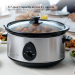 OVENTE Electric Slow Cooker with 3 Cooking Settings, Non-Stick and Dishwasher Safe Stoneware, Stainless Steel Body, Glass Lid, 3.7 Qt Oval Pot for Entrees, Soups, Sauces, Stews & Dips, Silver SLO35ABR