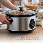OVENTE Electric Slow Cooker with 3 Cooking Settings, Non-Stick and Dishwasher Safe Stoneware, Stainless Steel Body, Glass Lid, 3.7 Qt Oval Pot for Entrees, Soups, Sauces, Stews & Dips, Silver SLO35ABR