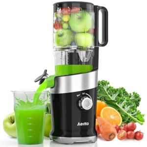 Cold Press Juicer with Whole Feed Chute, Aeitto Masticating Juicer Machines, Juice Extractor Machine Easy to Clean, High Juice Yield, For Whole Vegetables and Fruits, Easy to Assemble, Onyx Black