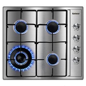 Karinear 24 Inch Gas Cooktop - 4 Burner Stainless Steel Gas Hob, NG/LPG Dual Fuel with Thermocouple Protection for Apartments (Includes Pressure Regulator)
